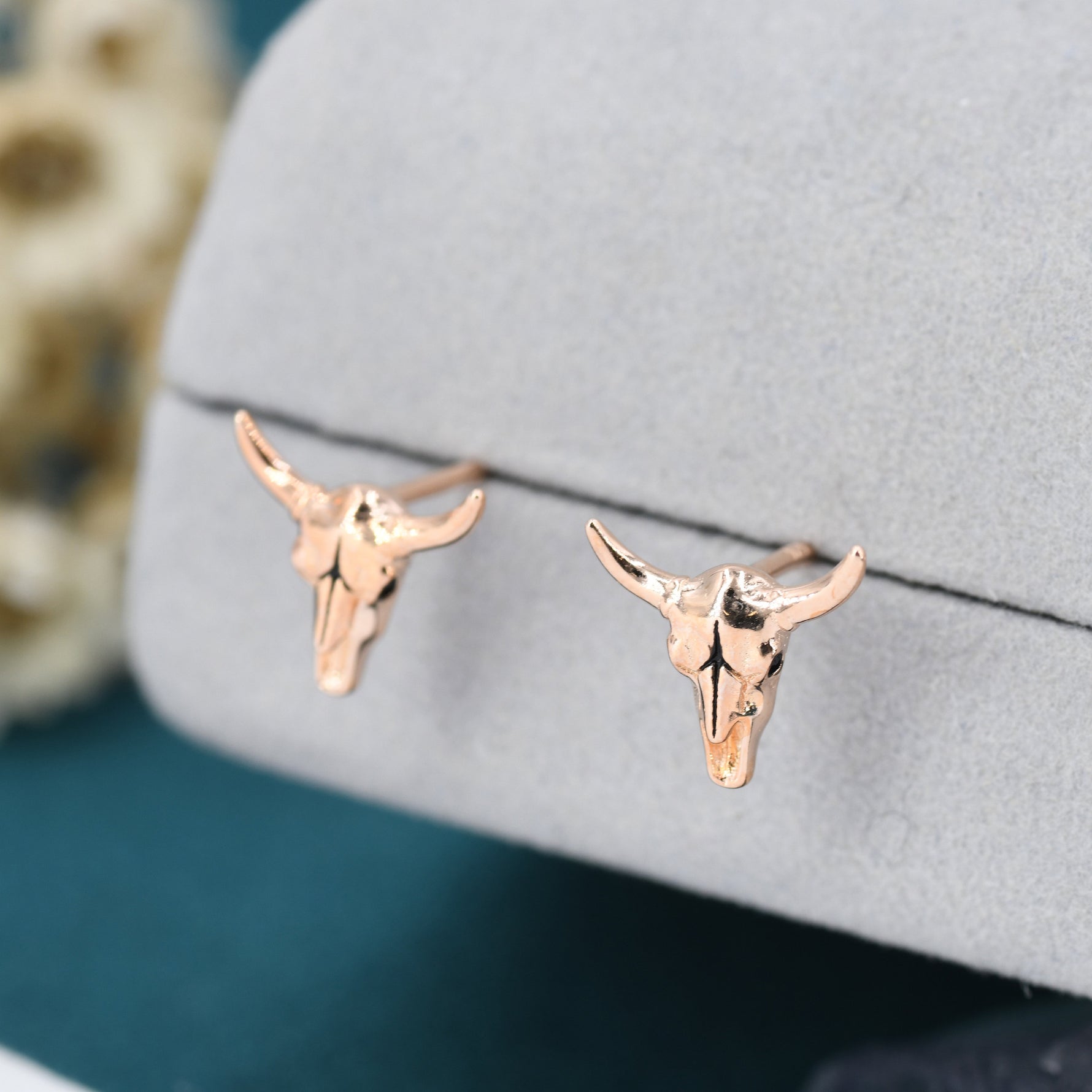 Sterling Silver Tiny Bull Skull Stud Earrings, Silver or Gold or Rose Gold, Bull Skeleton Earrings in Sterling Silver