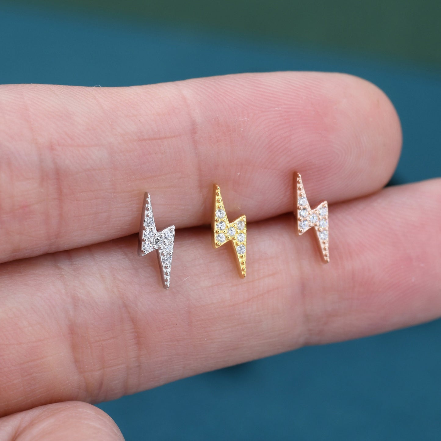 CZ Lightning Bolt Stud Earrings in Sterling Silver, Available in 2 Sizes, Tiny Lightning Bolt Earrings, Silver, Gold and Rose Gold