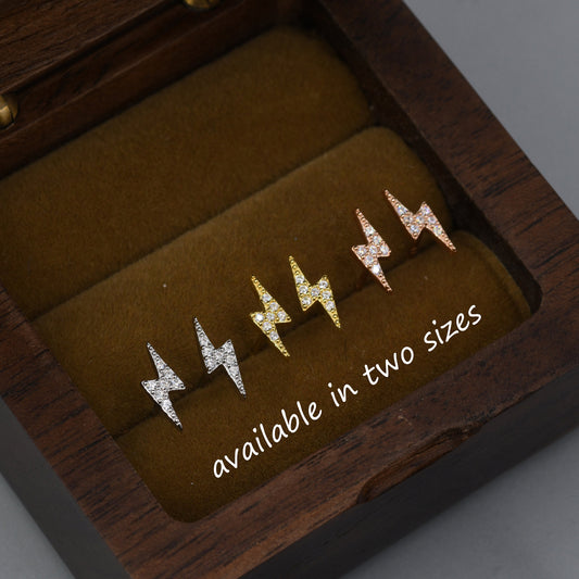 CZ Lightning Bolt Stud Earrings in Sterling Silver, Available in 2 Sizes, Tiny Lightning Bolt Earrings, Silver, Gold and Rose Gold