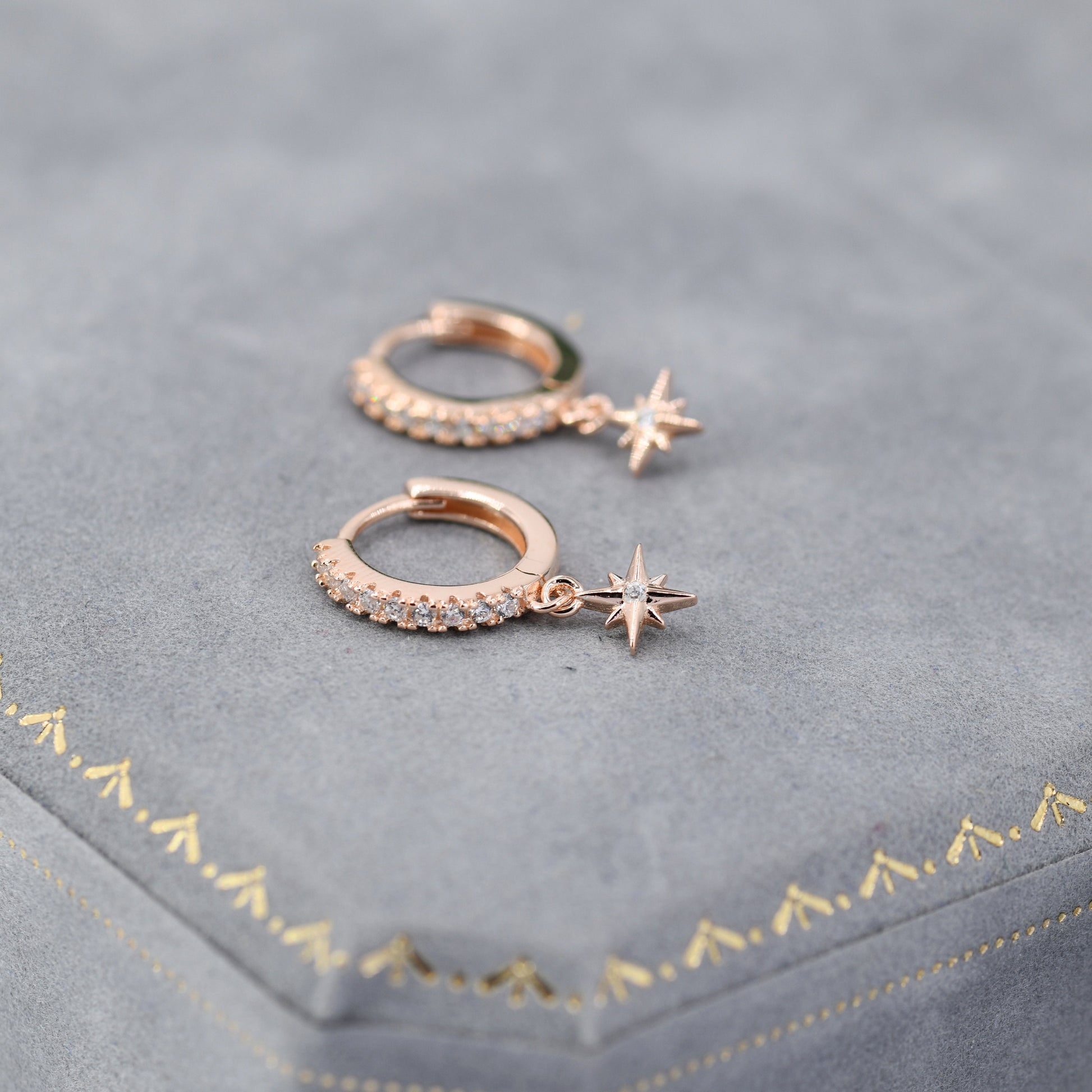 Tiny CZ Starburst Huggie Hoop Earrings in Sterling Silver, Silver or Gold, North Star Earrings, Sunburst Earrings, Celestial