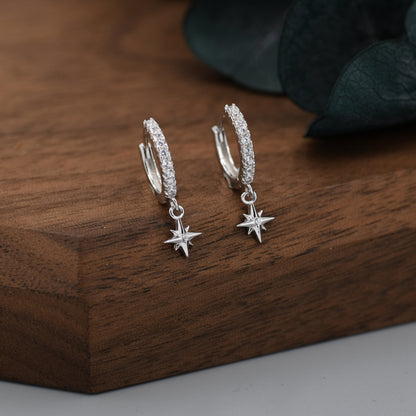 Tiny CZ Starburst Huggie Hoop Earrings in Sterling Silver, Silver or Gold, North Star Earrings, Sunburst Earrings, Celestial