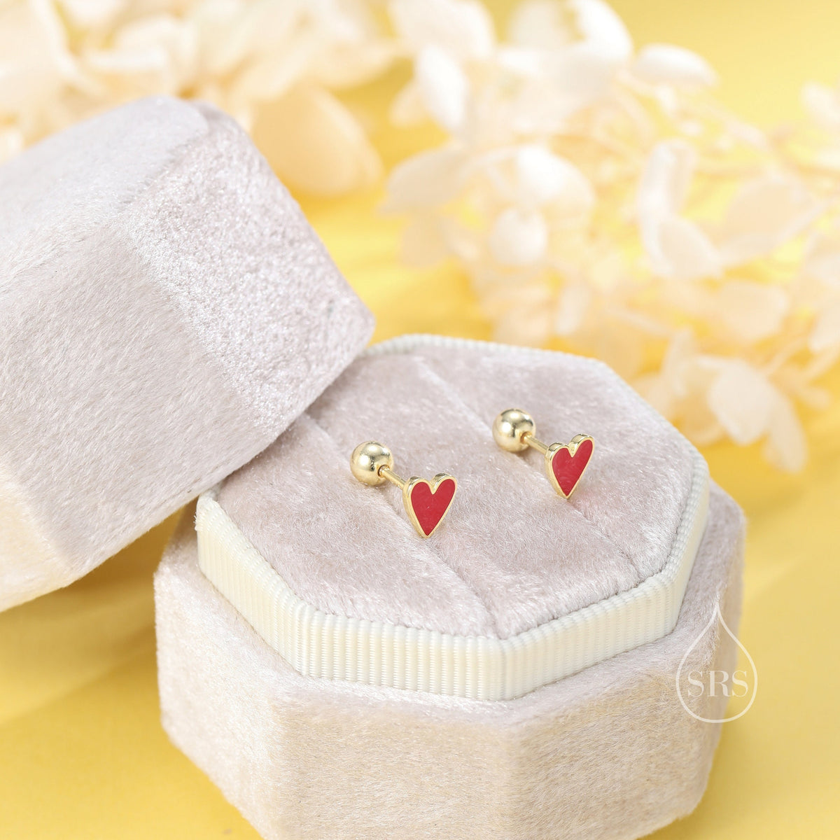 Red Enamel Heart Screwback Earrings in Sterling Silver, Silver or Gold, Delicate Heart Earrings, Heart Barbell Earrings, Screw Back