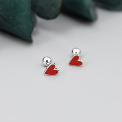 Red Enamel Heart Screwback Earrings in Sterling Silver, Silver or Gold, Delicate Heart Earrings, Heart Barbell Earrings, Screw Back