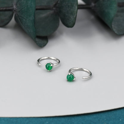 Genuine Green Onyx Huggie Hoop Earrings in Sterling Silver, 3mm Natural Green Onyx Open Hoops, Pull Through Threaders, Half Hoops, C Shape