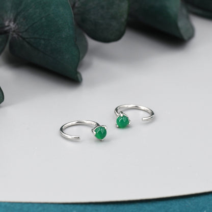 Genuine Green Onyx Huggie Hoop Earrings in Sterling Silver, 3mm Natural Green Onyx Open Hoops, Pull Through Threaders, Half Hoops, C Shape