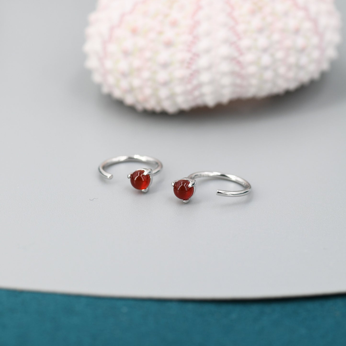 Genuine Red Onyx Huggie Hoop Earrings in Sterling Silver, 3mm Natural Red Chalcedony Open Hoops, Pull Through Threaders, Half Hoops, C Shape