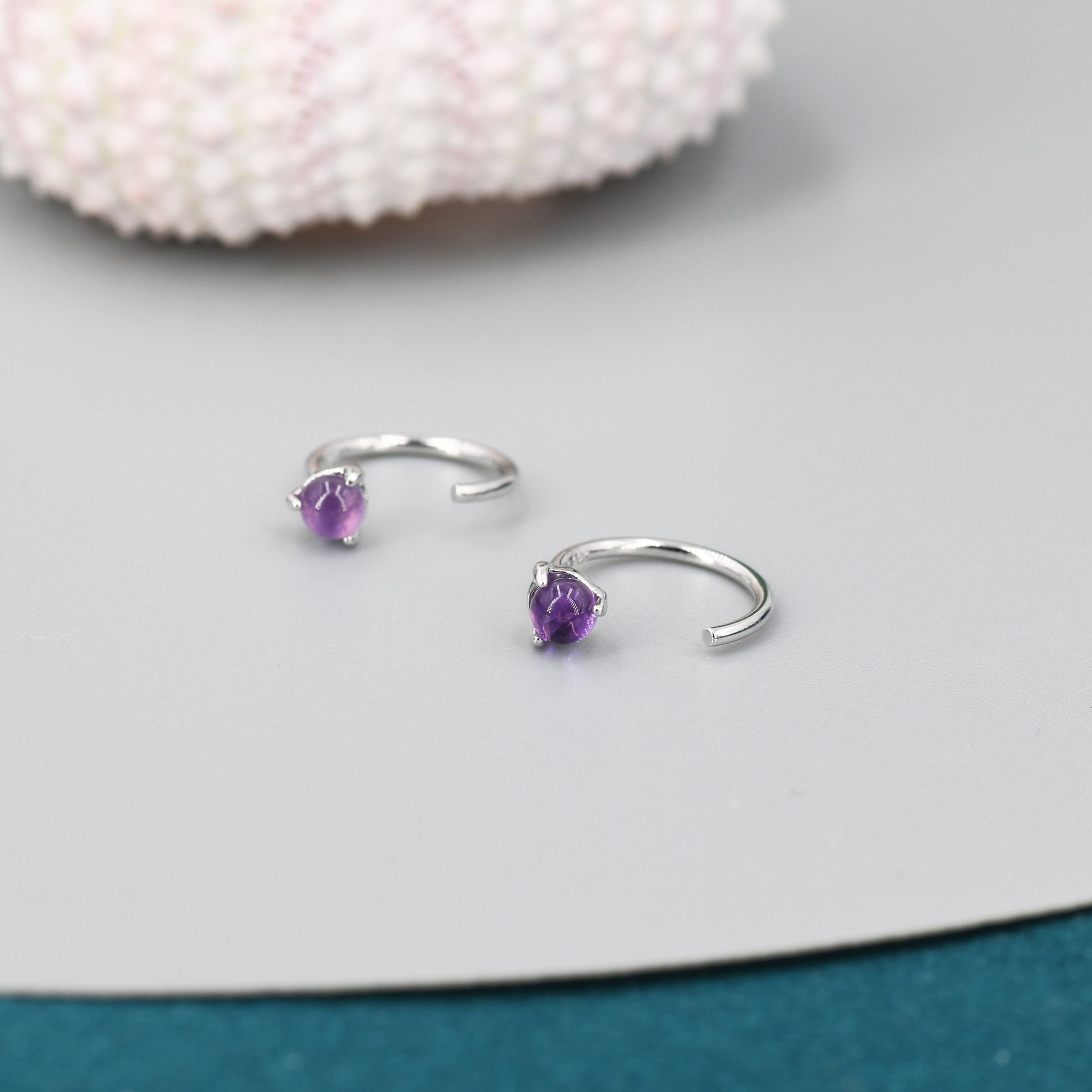 Genuine Amethyst Huggie Hoop Earrings in Sterling Silver, 3mm Natural Purple Amethyst Open Hoops, Pull Through Threaders, C Shape Half Hoops