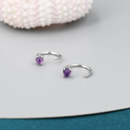 Genuine Amethyst Huggie Hoop Earrings in Sterling Silver, 3mm Natural Purple Amethyst Open Hoops, Pull Through Threaders, C Shape Half Hoops