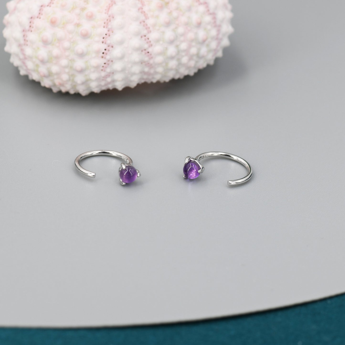 Genuine Amethyst Huggie Hoop Earrings in Sterling Silver, 3mm Natural Purple Amethyst Open Hoops, Pull Through Threaders, C Shape Half Hoops