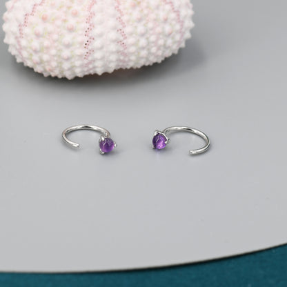 Genuine Amethyst Huggie Hoop Earrings in Sterling Silver, 3mm Natural Purple Amethyst Open Hoops, Pull Through Threaders, C Shape Half Hoops
