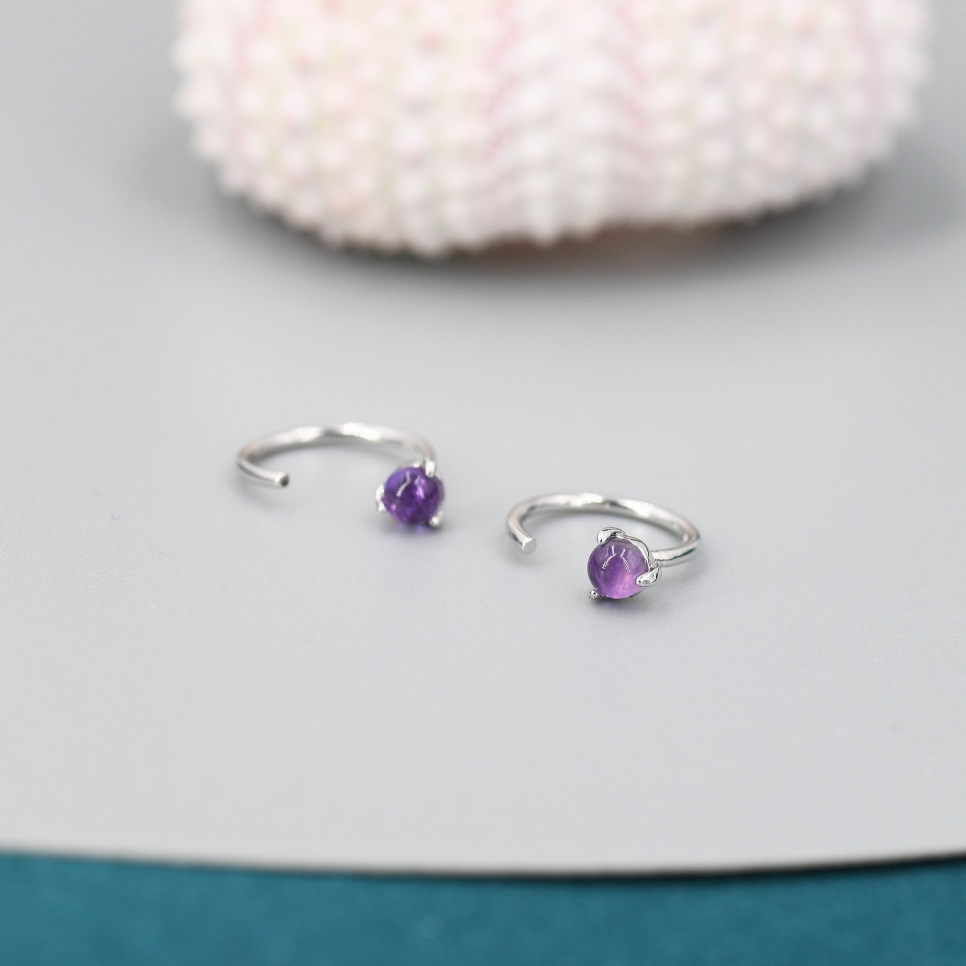 Genuine Amethyst Huggie Hoop Earrings in Sterling Silver, 3mm Natural Purple Amethyst Open Hoops, Pull Through Threaders, C Shape Half Hoops