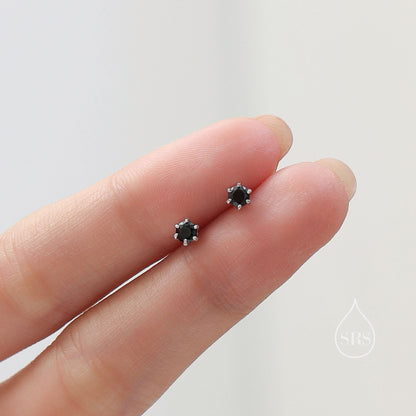 Tiny Little Prong Set Black CZ Stud Earrings in Sterling Silver, Silver or Gold, 6 Prong 3mm CZ Earrings