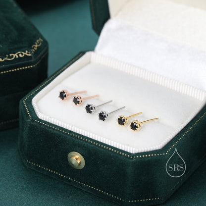 Tiny Little Prong Set Black CZ Stud Earrings in Sterling Silver, Silver or Gold, 6 Prong 3mm CZ Earrings