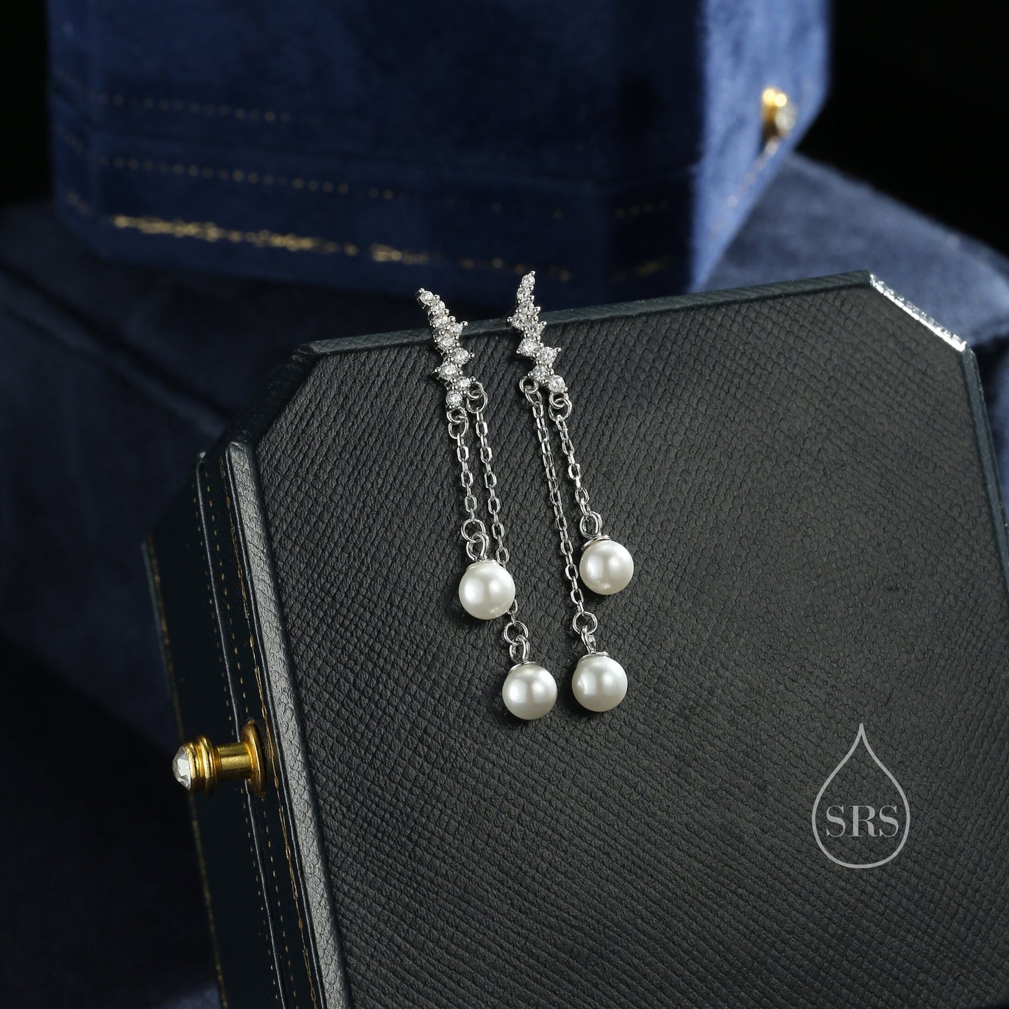 CZ Constellation Cluster with Dangling Pearls Stud Earrings with Dangle Chains in Sterling Silver, Silver or Gold, Mother of Pearl Beads