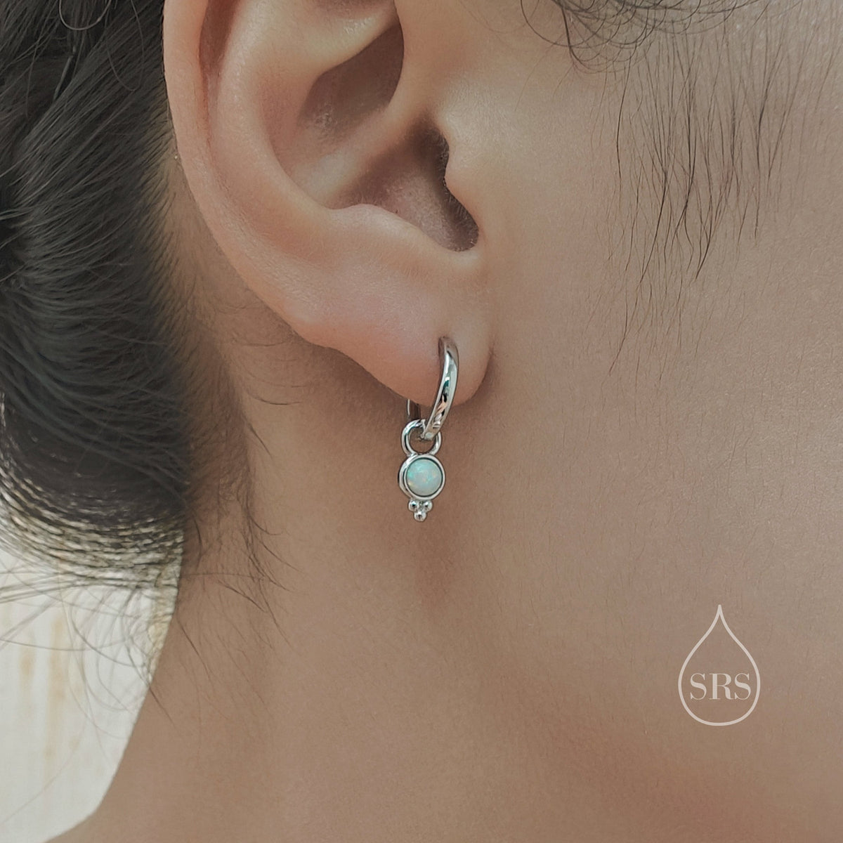 Vintage Inspired White Opal Charm Hoop Earrings, Dotted Fire Opal Dangle Hoop Earrings, Silver or Gold, Detachable and Interchangeable Charm