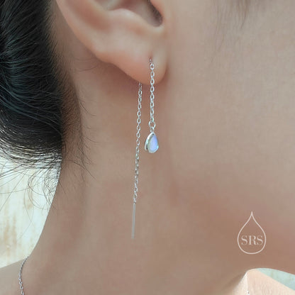 Sterling Silver White Opal Droplet Ear Threader Earrings, Silver or Gold, Lab Opal Drop Earrings, Geometric Minimalist Threader Earring