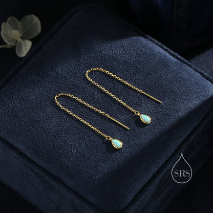 Sterling Silver Aqua Green Opal Droplet Ear Threader Earrings, Silver or Gold, Lab Opal Drop Earrings, Geometric Minimalist Threader Earring