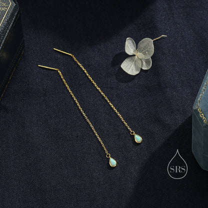 Sterling Silver Aqua Green Opal Droplet Ear Threader Earrings, Silver or Gold, Lab Opal Drop Earrings, Geometric Minimalist Threader Earring