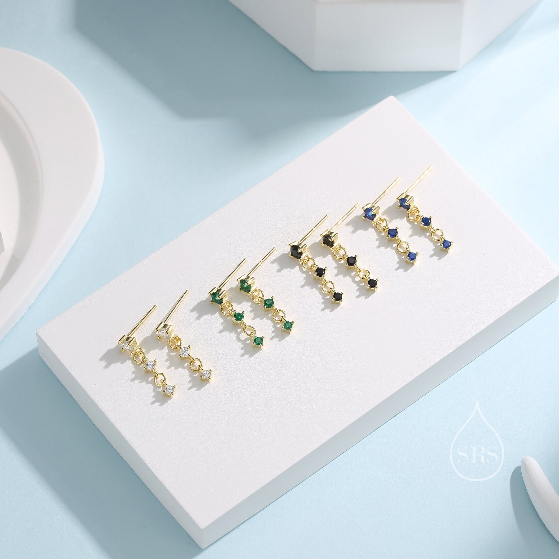 Triple CZ Dangle Chain Stud Drop Earrings in Sterling Silver, Silver or Gold, Three CZ Chain Earrings, CZ Drop Earrings
