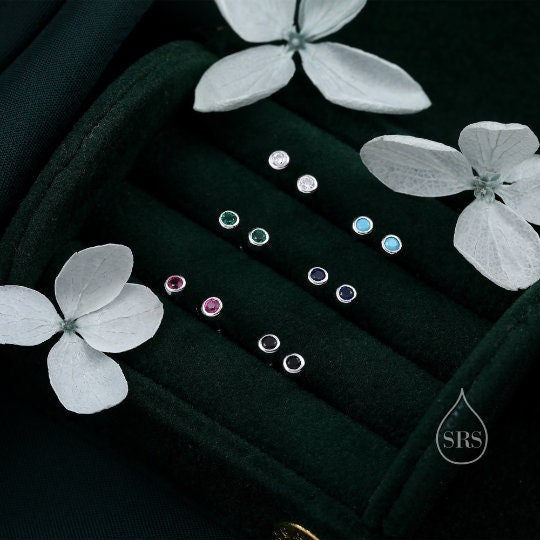 Extra Tiny 2mm CZ Stud Earrings in Sterling Silver, Silver or Gold, 2mm CZ Earrings, Blue, Green, Black, Turquoise, Clear