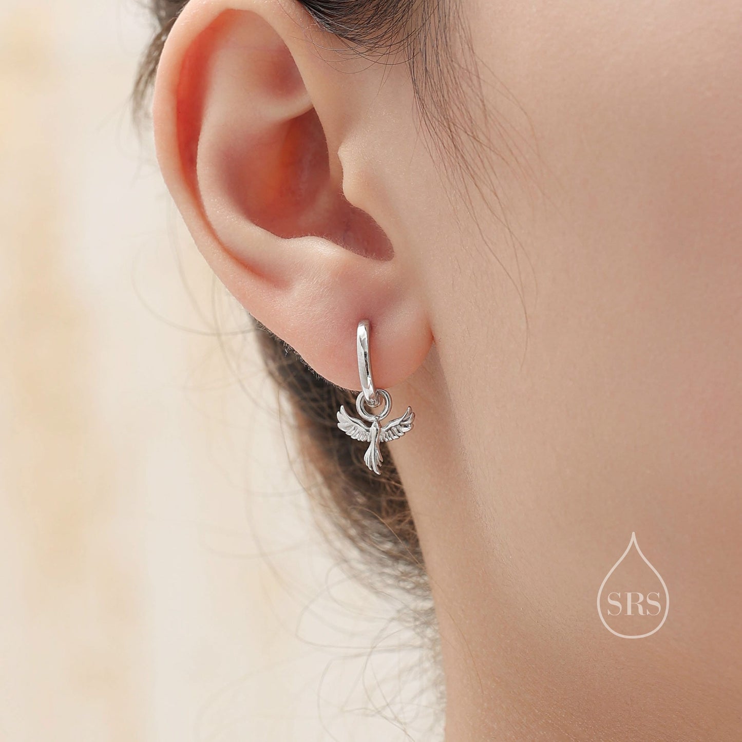 Mismatched Phoenix and Dragon Charm Huggie Hoop Earrings in Sterling Silver, Silver or Gold Finish, Phoenix Earrings, Detachable Charm Hoops