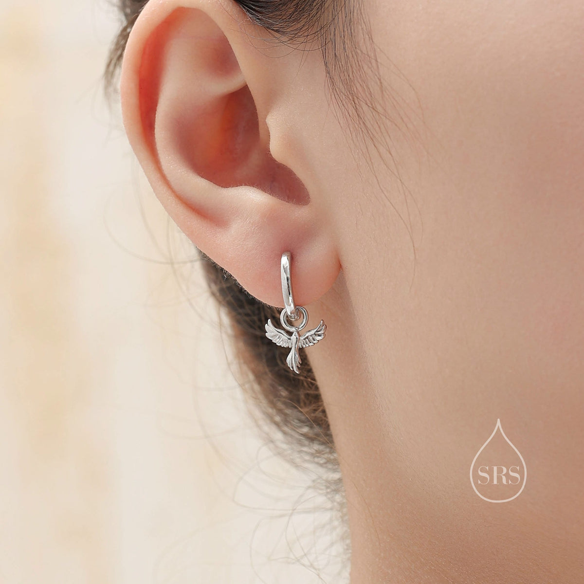 Phoenix Bird Charm Huggie Hoop Earrings in Sterling Silver, Silver, Gold or Rose Gold, Phoenix Earrings, Detachable Charm Hoops