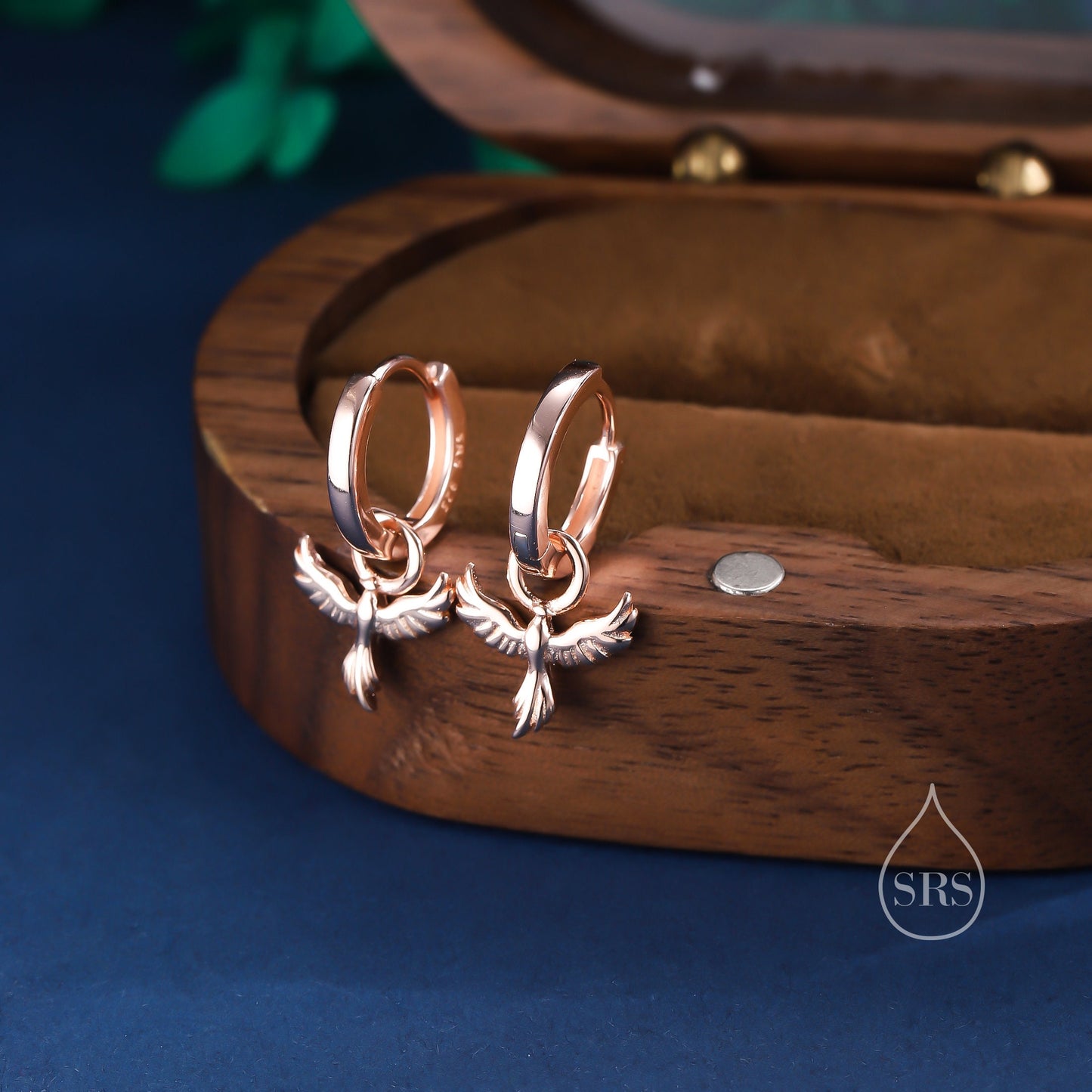 Phoenix Bird Charm Huggie Hoop Earrings in Sterling Silver, Silver, Gold or Rose Gold, Phoenix Earrings, Detachable Charm Hoops