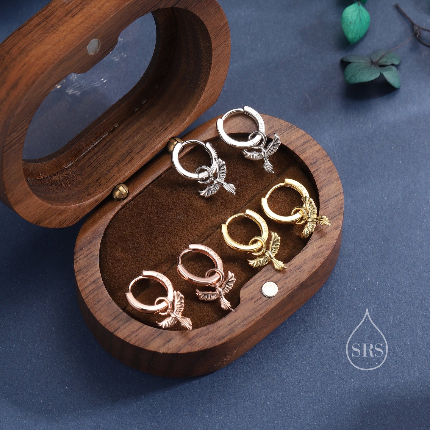 Phoenix Bird Charm Huggie Hoop Earrings in Sterling Silver, Silver, Gold or Rose Gold, Phoenix Earrings, Detachable Charm Hoops