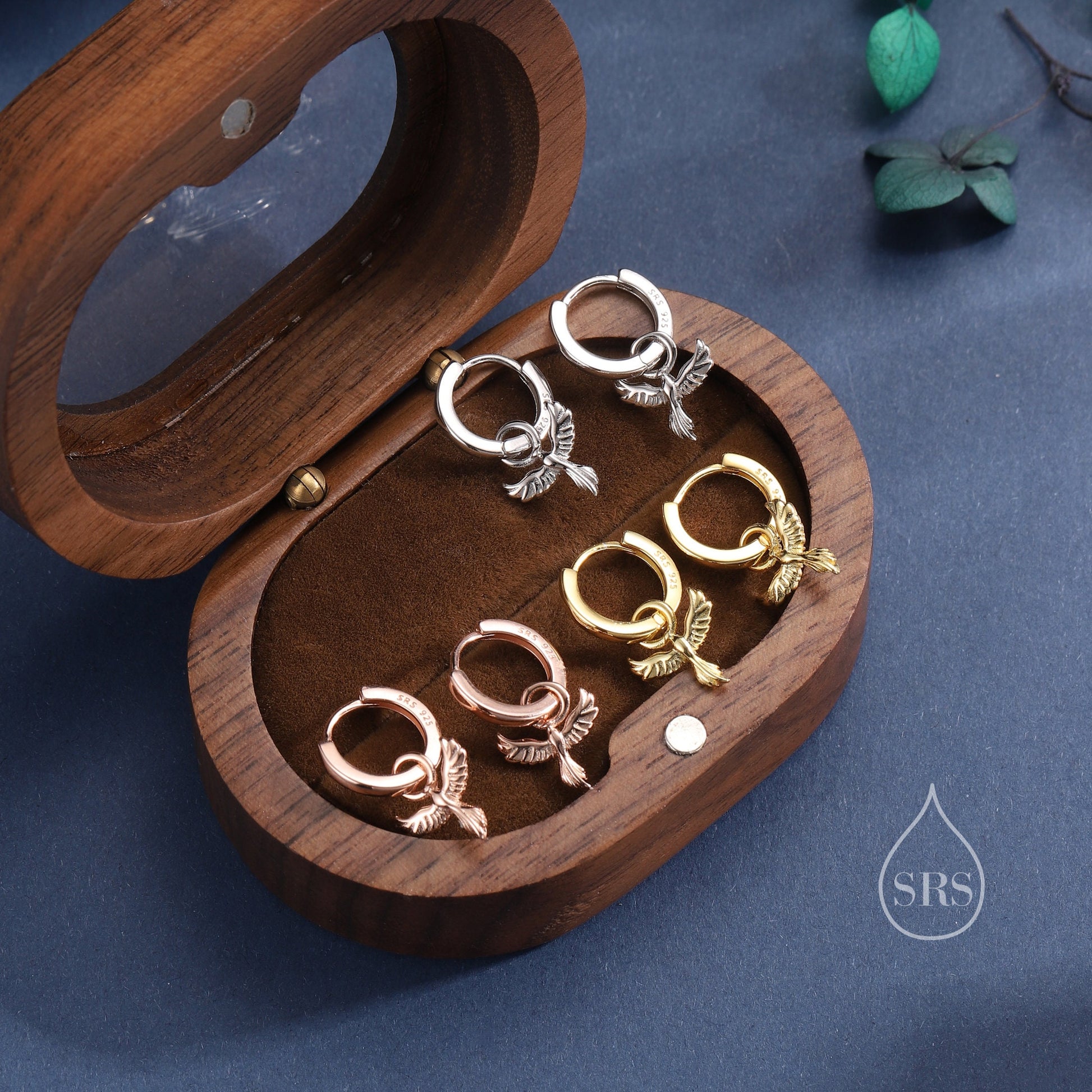 Phoenix Bird Charm Huggie Hoop Earrings in Sterling Silver, Silver, Gold or Rose Gold, Phoenix Earrings, Detachable Charm Hoops