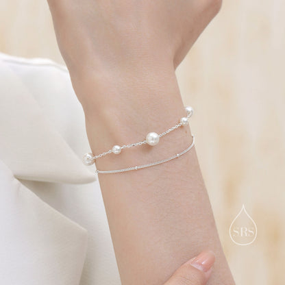 Sterling Silver Delicate Mother of Pearl Beaded Bracelet, Double Layer Pearl Bracelet, Simulated Pearl Bracelet, Two Layer