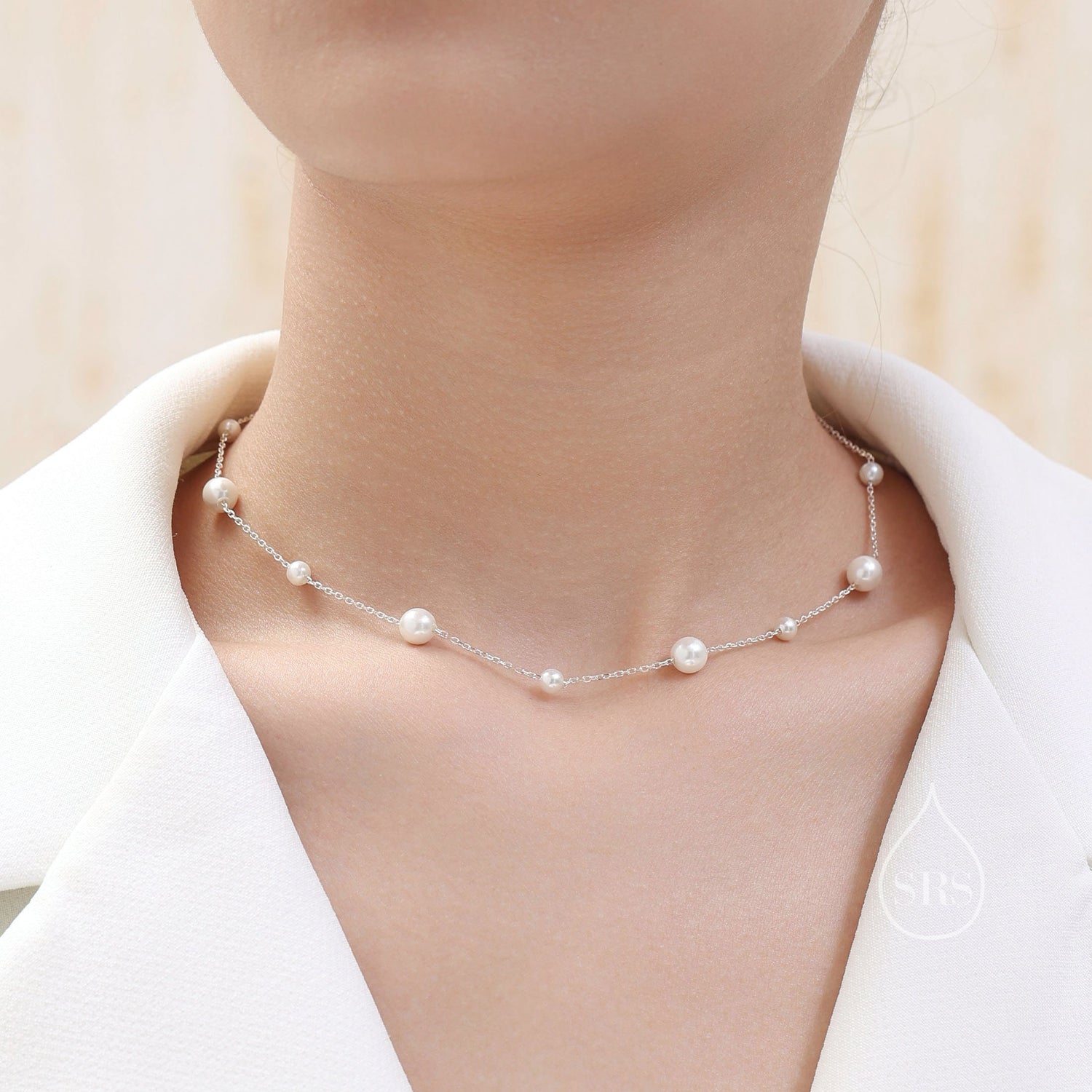 Mother of Pearl Choker Necklace in Sterling Silver, Silver or Gold , Adjustable Length, Short Pearl Necklace, Satellite Beaded Necklace