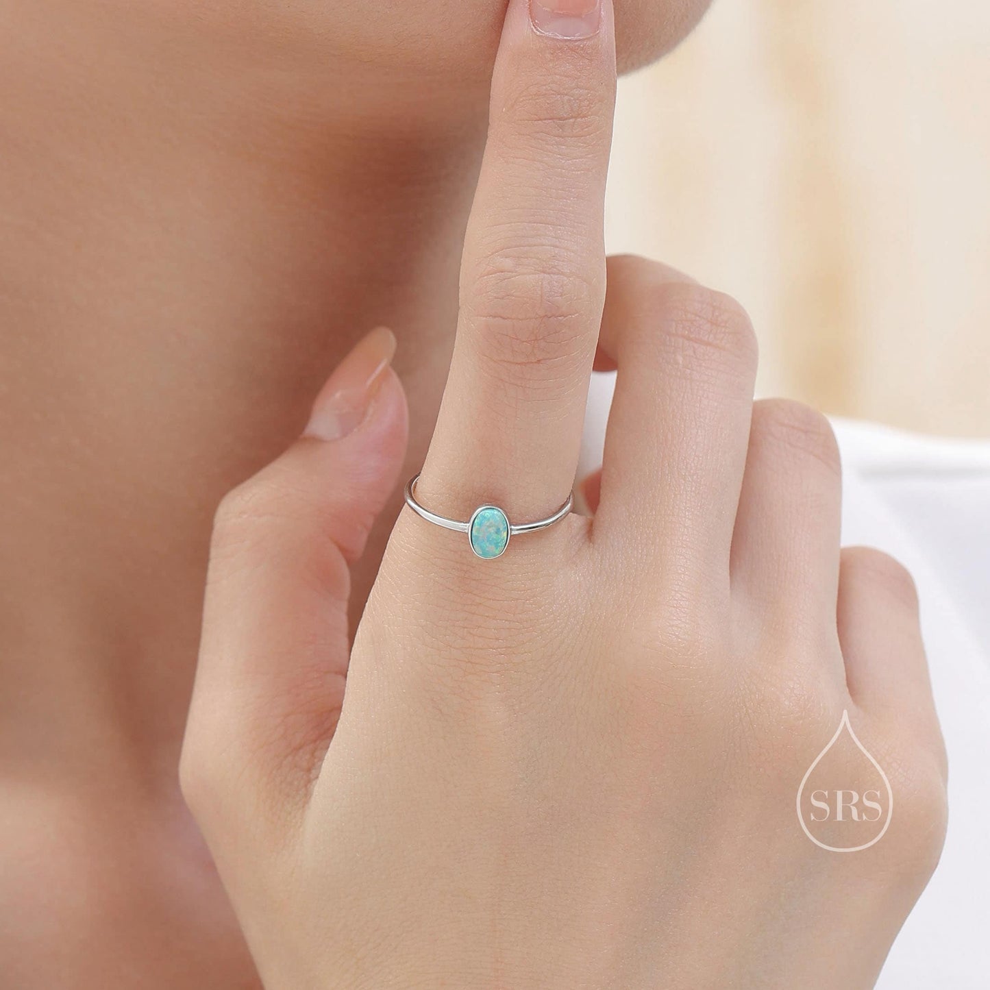 Aqua Green Opal Oval Ring in Sterling Silver, US 5 - 8, Delicate Opal Stone Ring, Blue Opal Ring, Lab Opal Ring