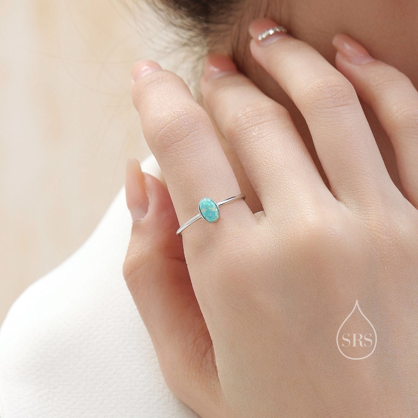 Aqua Green Opal Oval Ring in Sterling Silver, US 5 - 8,  Delicate Opal Stone Ring, Blue Opal Ring, Lab Opal Ring