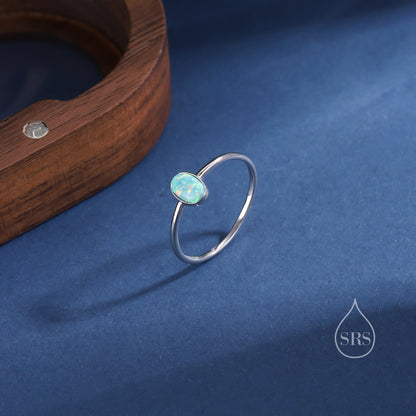 Aqua Green Opal Oval Ring in Sterling Silver, US 5 - 8, Delicate Opal Stone Ring, Blue Opal Ring, Lab Opal Ring