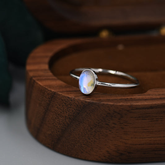 Moonstone Oval Ring in Sterling Silver, US 5 - 8, Delicate Opal Stone Ring, Lab Moonstone Ring, Lab Moonstone Ring