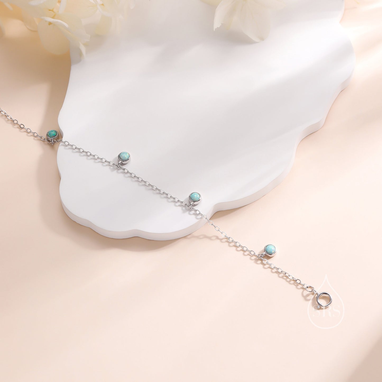 Delicate Aqua Green Opal Charm Bracelet in Sterling Silver,  Silver or Gold, Silver Opal Bracelet