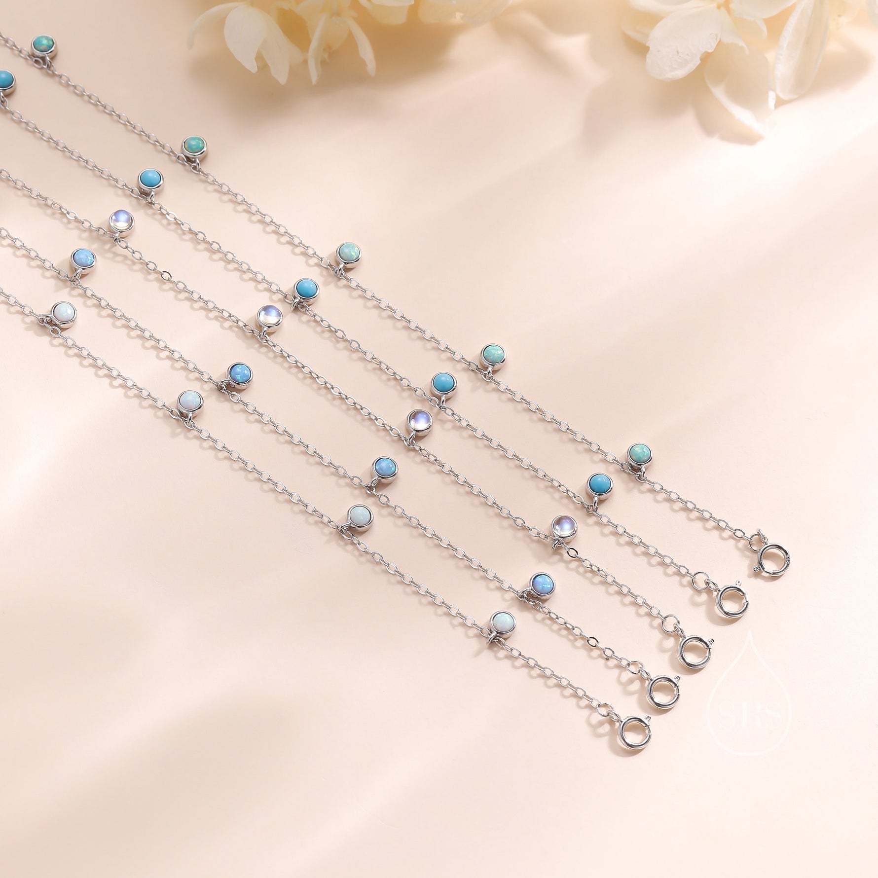 Delicate Aqua Green Opal Charm Bracelet in Sterling Silver, Silver or Gold, Silver Opal Bracelet