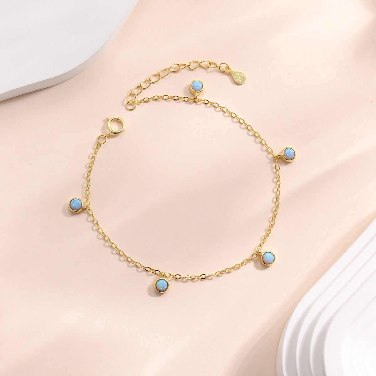 Delicate Blue Opal Charm Bracelet in Sterling Silver, Silver or Gold, Sterling Silver Tiny Opal Bracelet