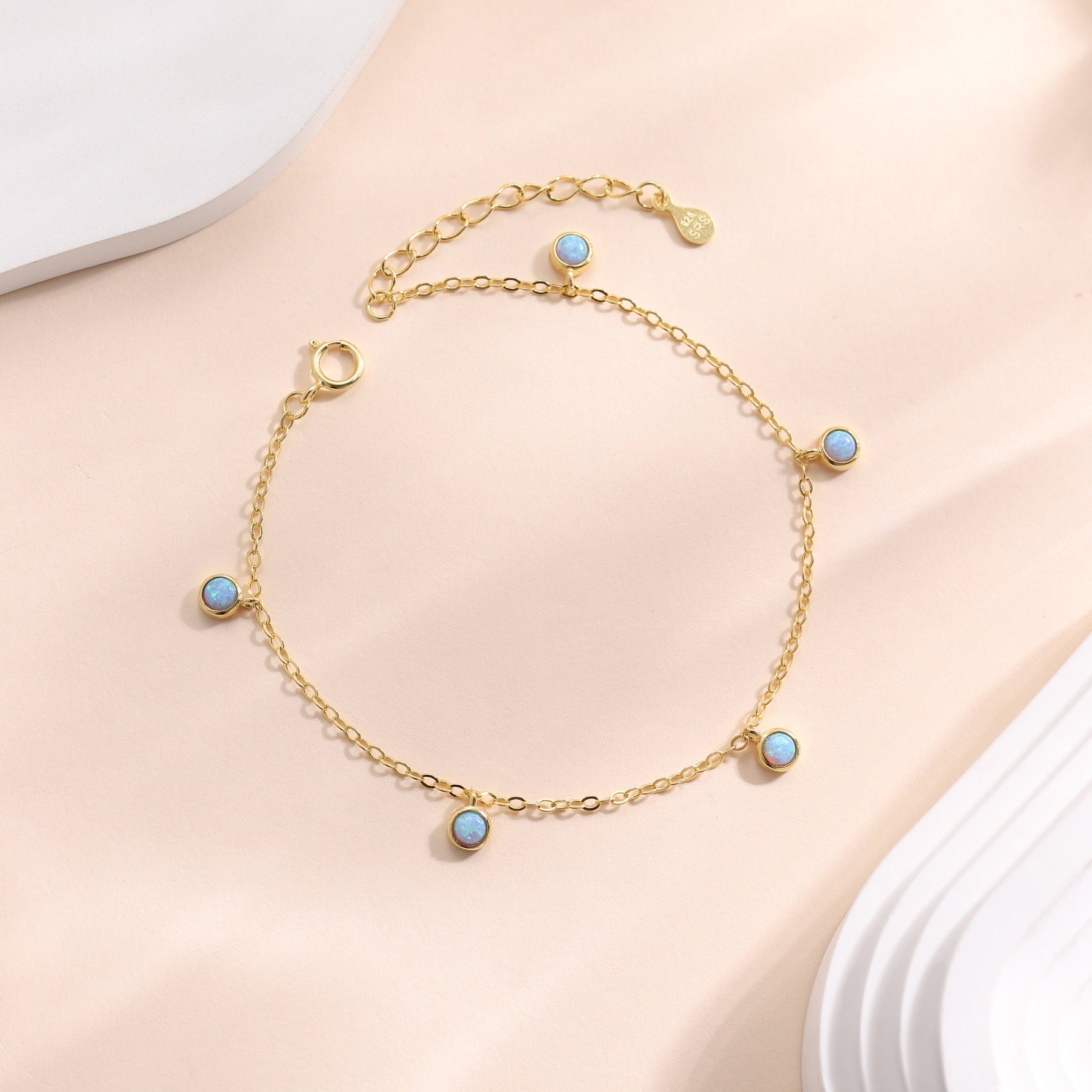 Delicate Blue Opal Charm Bracelet in Sterling Silver, Silver or Gold, Sterling Silver Tiny Opal Bracelet