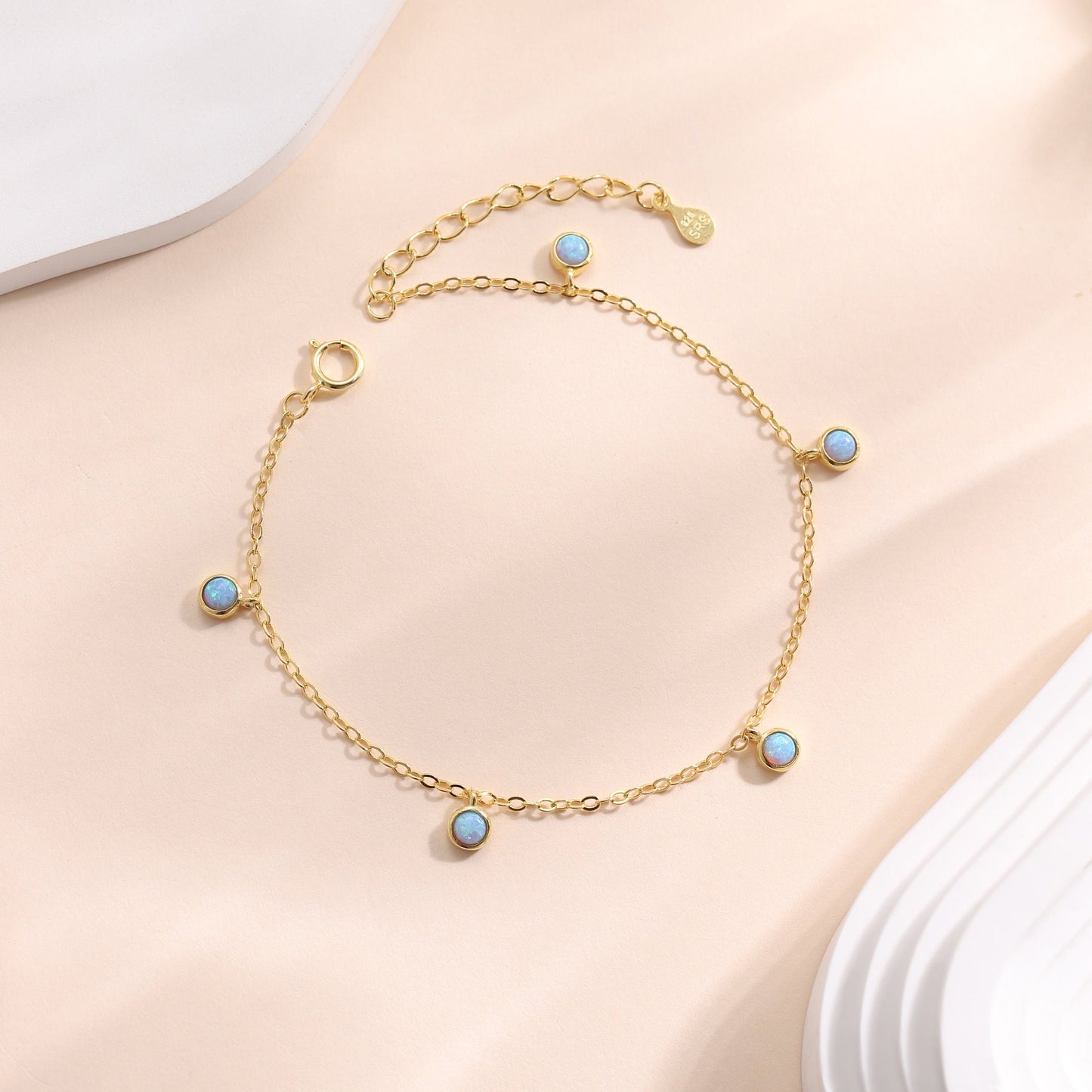 Delicate Blue Opal Charm Bracelet in Sterling Silver,  Silver or Gold, Sterling Silver Tiny Opal Bracelet