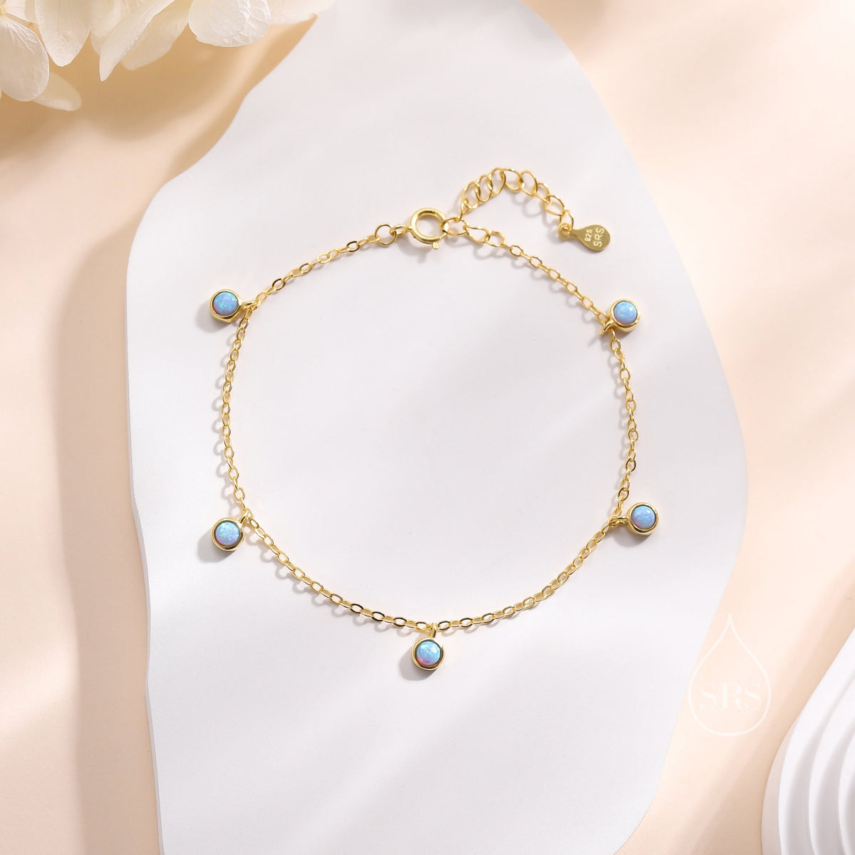 Delicate Blue Opal Charm Bracelet in Sterling Silver, Silver or Gold, Sterling Silver Tiny Opal Bracelet