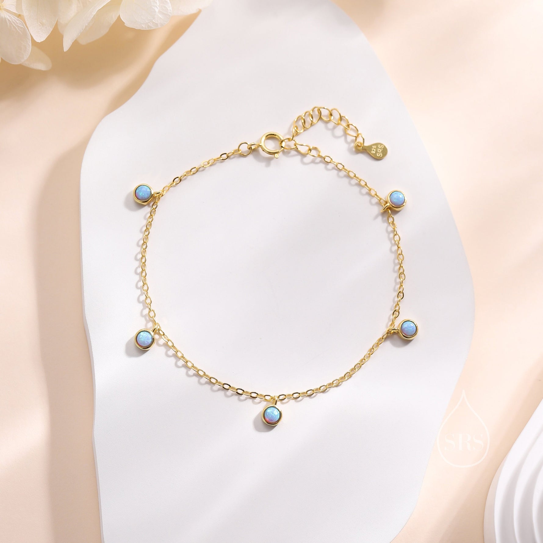 Delicate Blue Opal Charm Bracelet in Sterling Silver, Silver or Gold, Sterling Silver Tiny Opal Bracelet