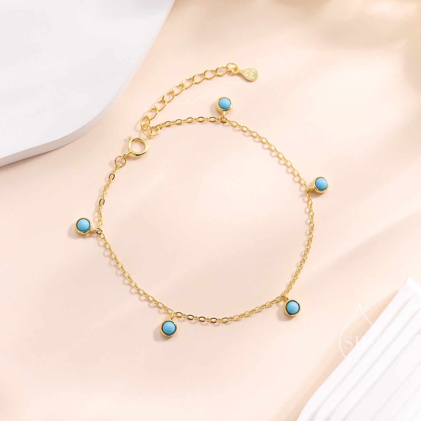 Delicate Turquoise Charm Bracelet in Sterling Silver, Silver or Gold, Sterling Silver Tiny Blue Turquoise Bracelet