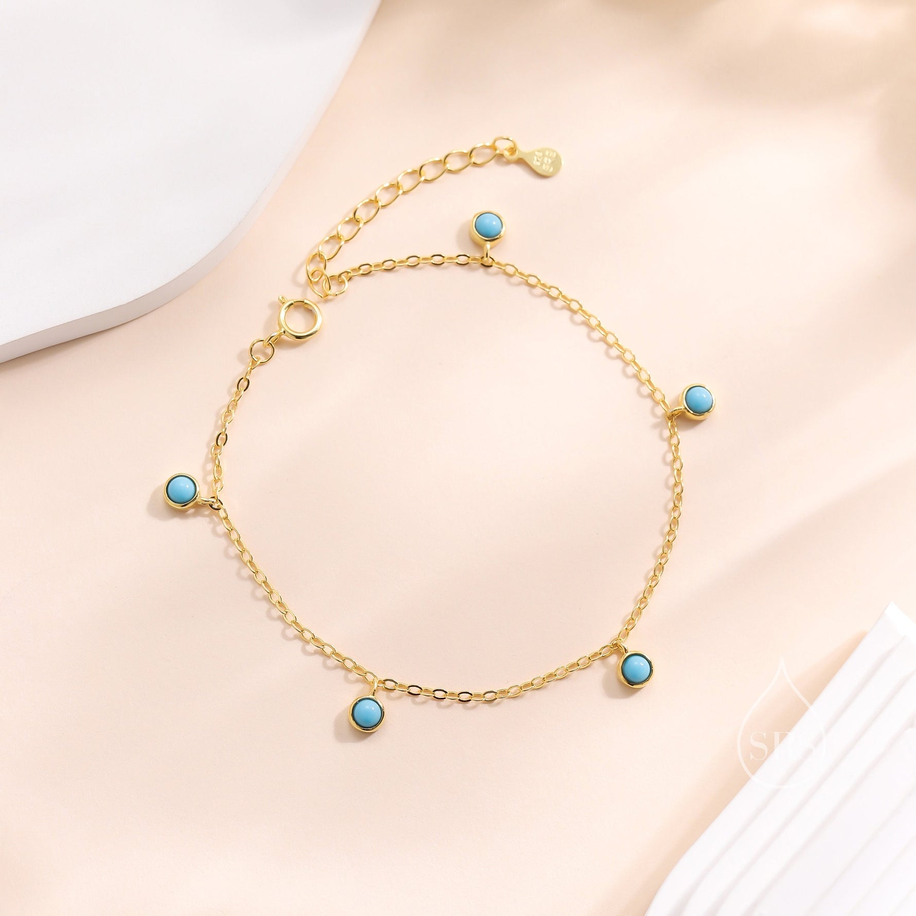 Delicate Turquoise Charm Bracelet in Sterling Silver, Silver or Gold, Sterling Silver Tiny Blue Turquoise Bracelet