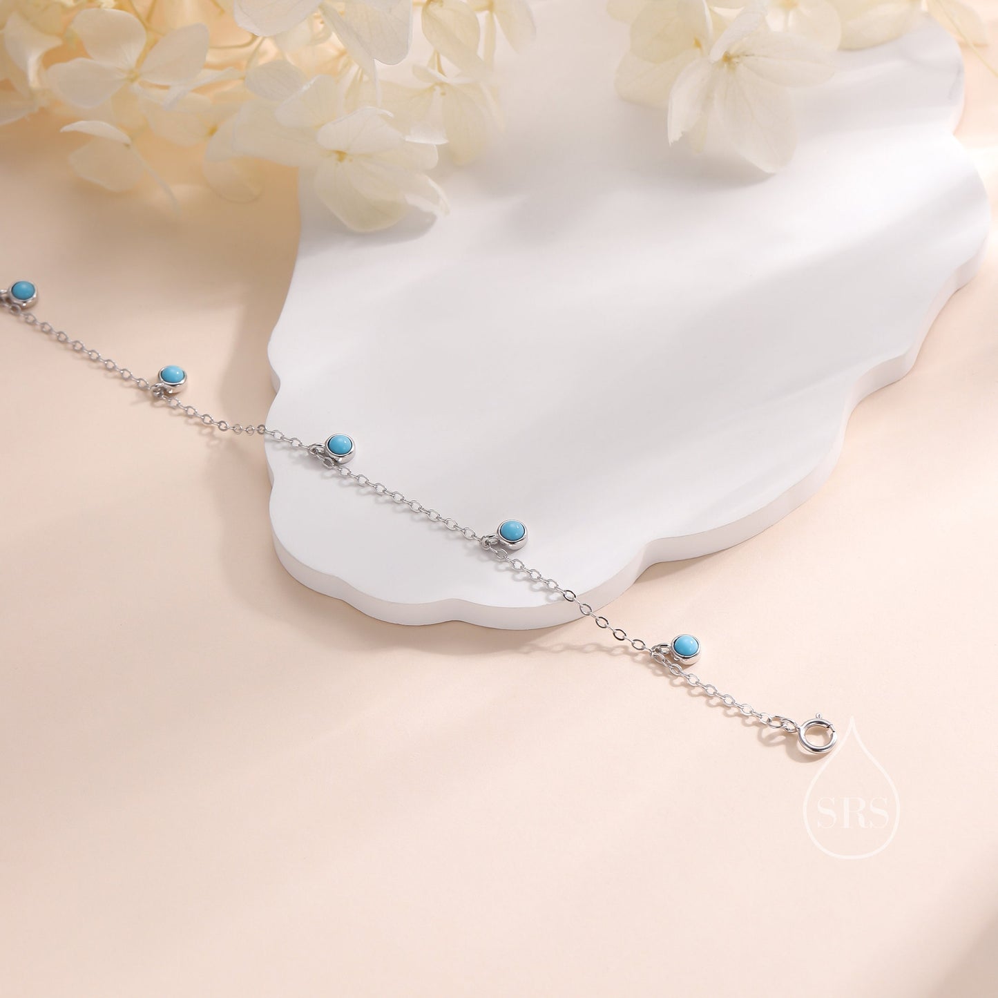 Delicate Turquoise Charm Bracelet in Sterling Silver, Silver or Gold, Sterling Silver Tiny Blue Turquoise Bracelet