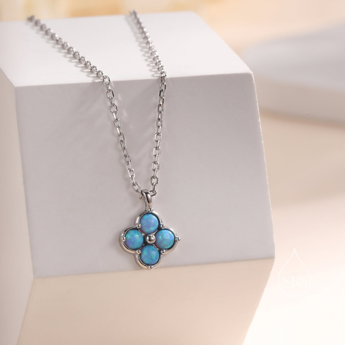 Blue Opal Hydrangea Pendant Necklace in Sterling Silver, Silver or Gold, Blue Opal Four Dot Necklace, Sterling Silver Opal Pendant