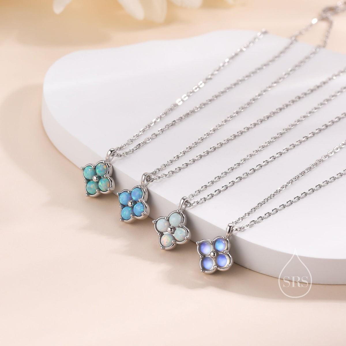 Blue Opal Hydrangea Pendant Necklace in Sterling Silver, Silver or Gold, Blue Opal Four Dot Necklace, Sterling Silver Opal Pendant