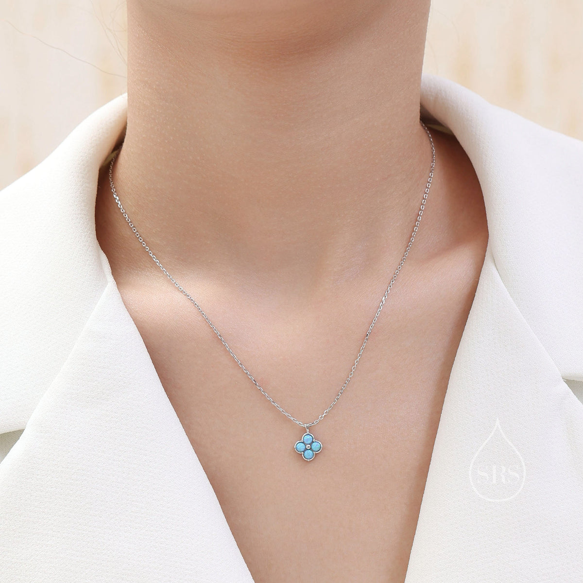Blue Opal Hydrangea Pendant Necklace in Sterling Silver, Silver or Gold, Blue Opal Four Dot Necklace, Sterling Silver Opal Pendant