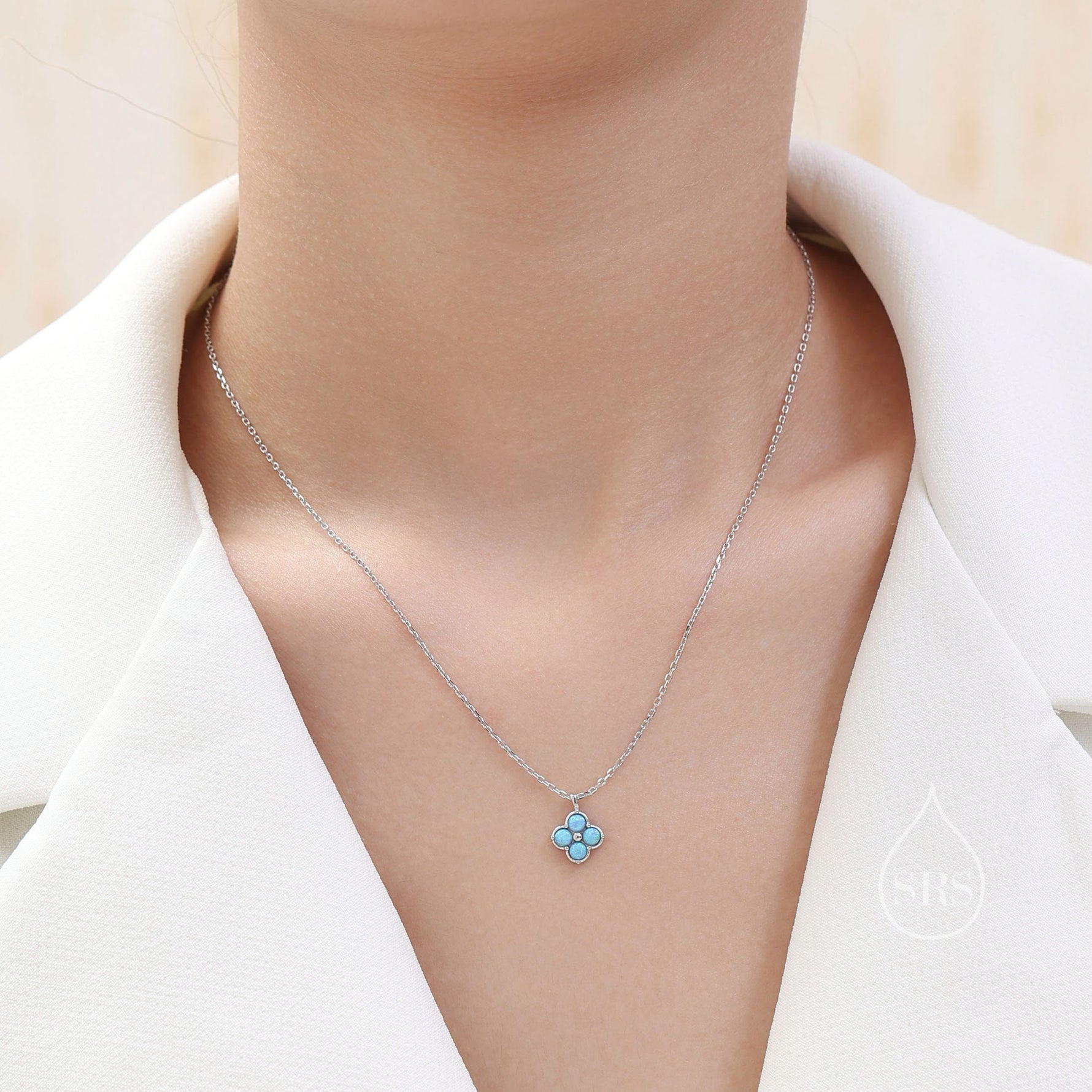 Aqua Green Opal Hydrangea Pendant Necklace in Sterling Silver, Silver or Gold, Green Opal Four Dot Necklace, Sterling Silver Opal Pendant