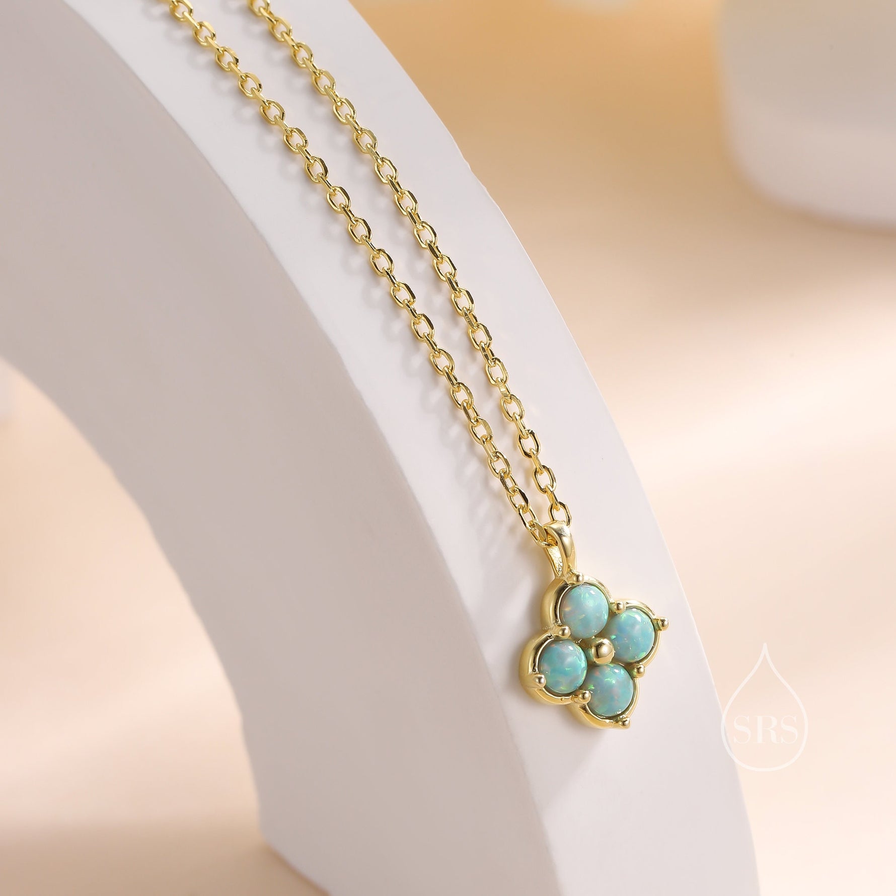 Aqua Green Opal Hydrangea Pendant Necklace in Sterling Silver, Silver or Gold, Green Opal Four Dot Necklace, Sterling Silver Opal Pendant